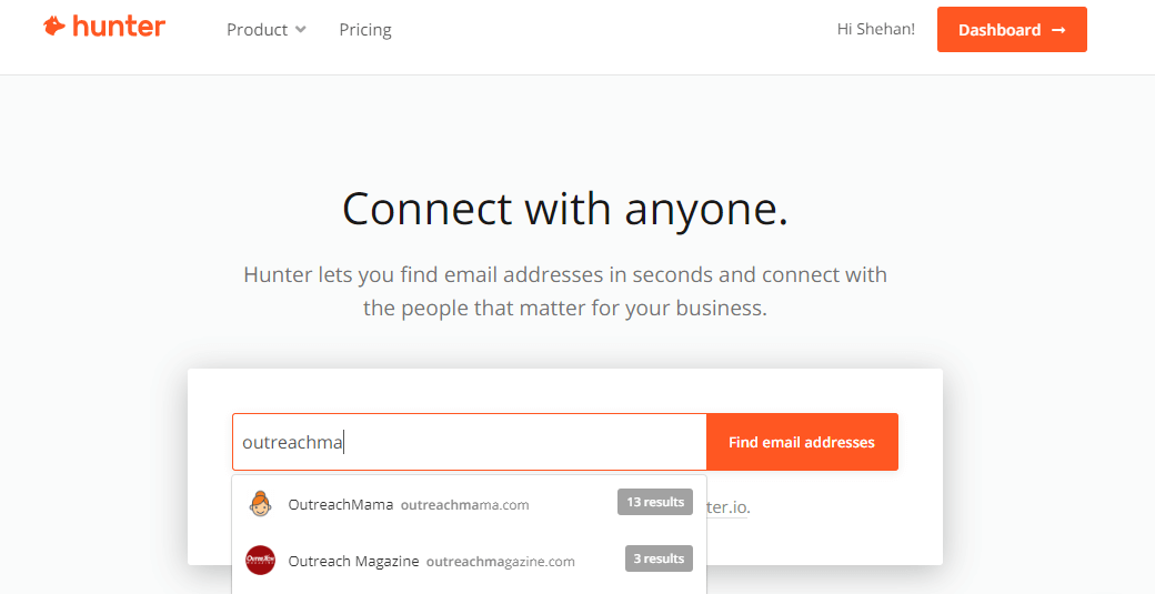Hunter.io search for OutreachMama