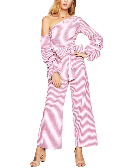 Elegant Pink Slanted Shoulder Jumpsuit Tie Layered Stripes Super Faddish