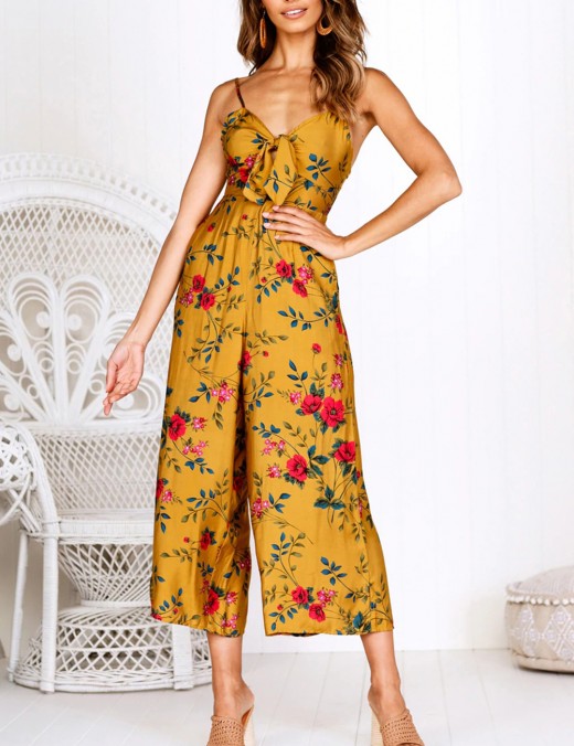 Faddish Yellow Spaghetti Straps Wide Leg Jumpsuit Flower Heartbreaker