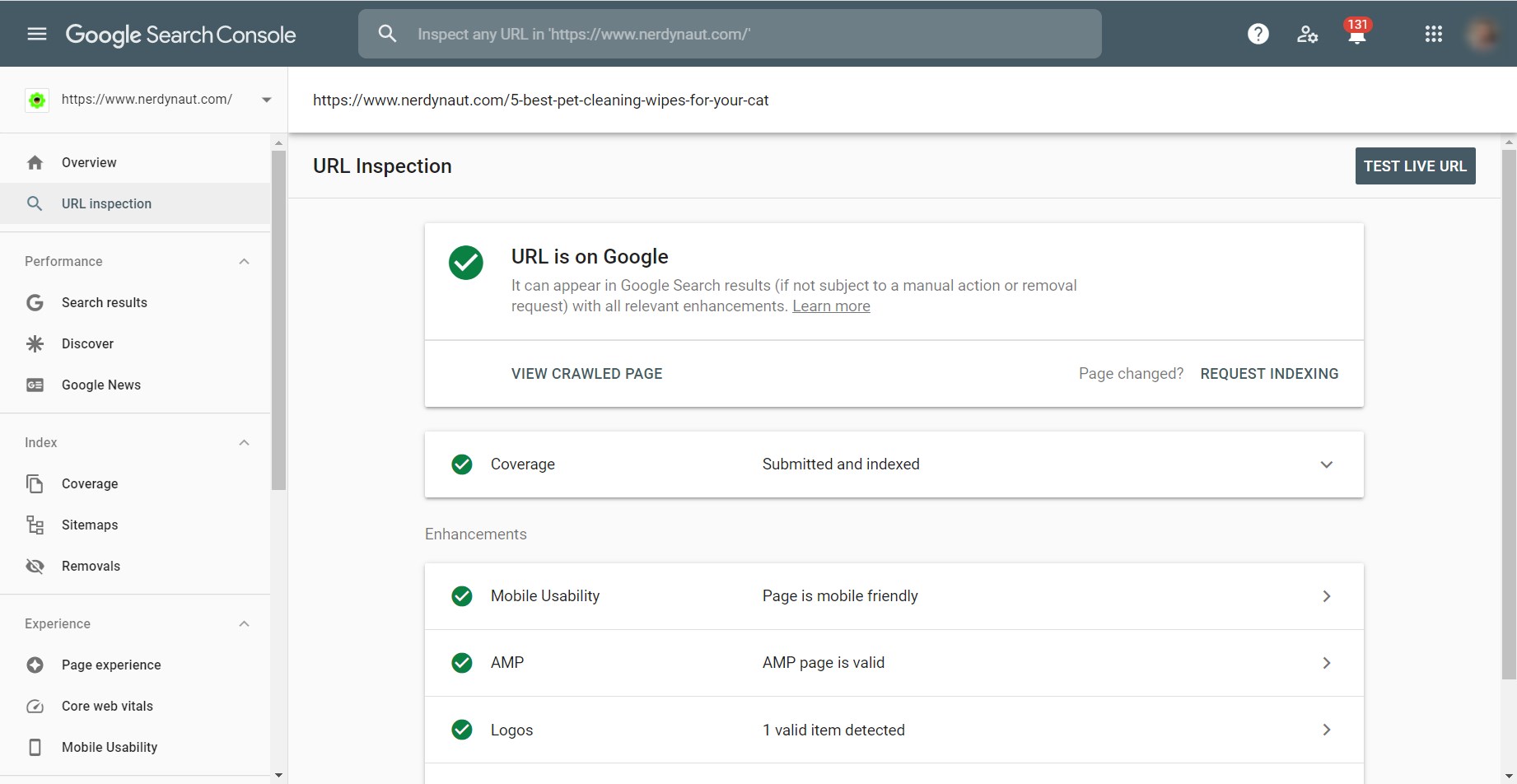 Google Search Console - Nerdynaut index check