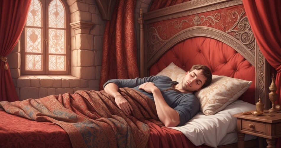 Guy Sleeping like a King in a castle room and kingly bed