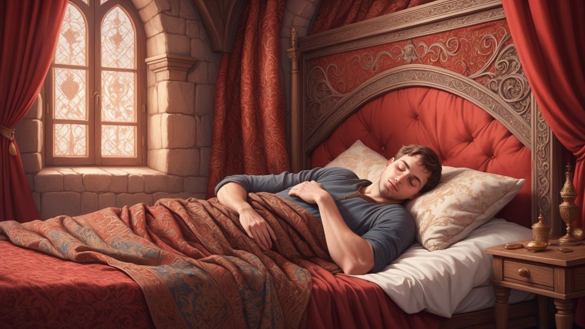Guy Sleeping like a King in a castle room and kingly bed