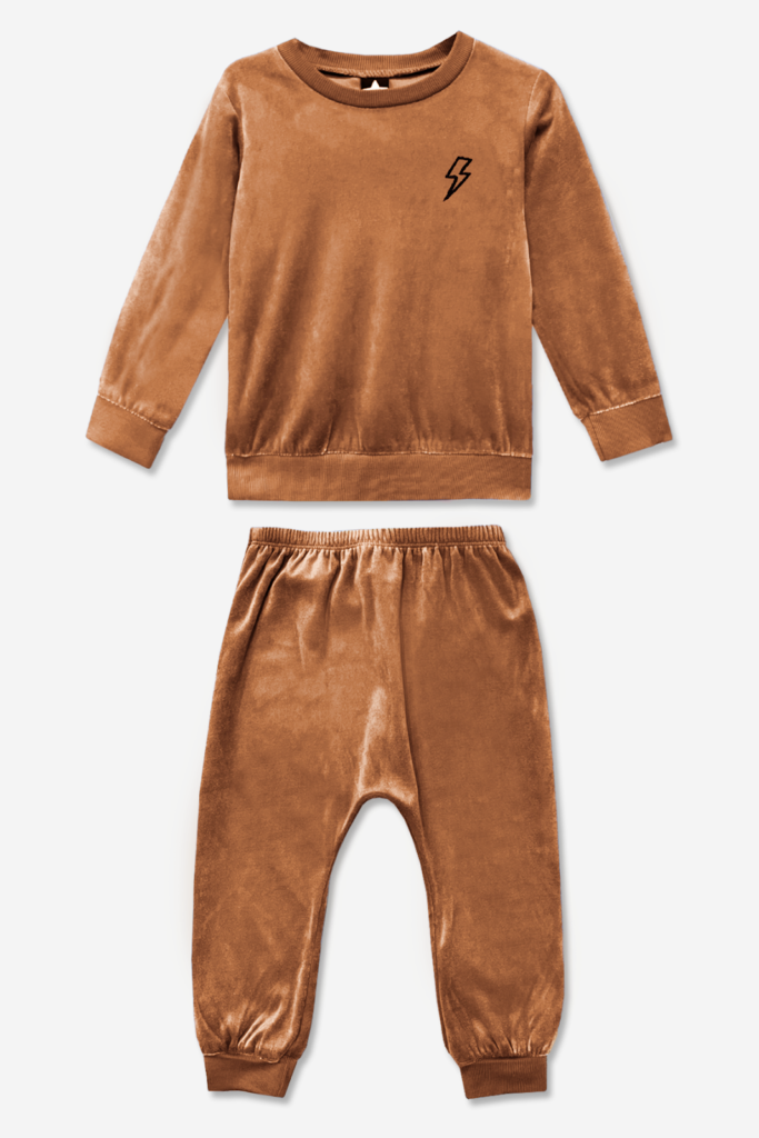 PixiLane’s Velour Long Sleeve Crew Sweatshirt & Harem in Caramel Bolt