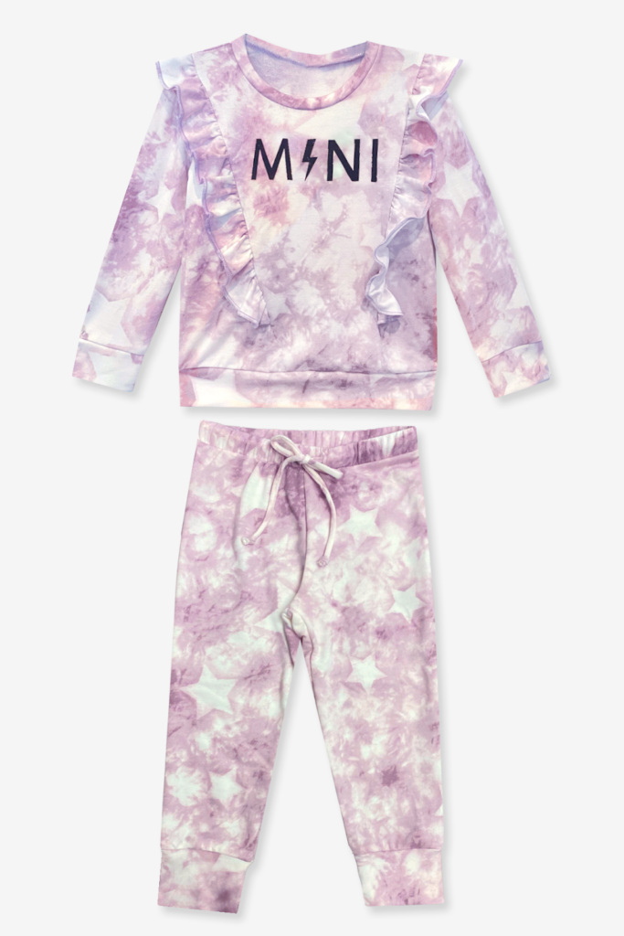 PixiLane’s Long Sleeve Ruffle Crew Sweatshirt & Jogger in Dusty Rose Stars Mini