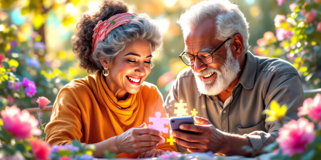 Elderly Couple Playing Jigsaw Puzzle on Mobile